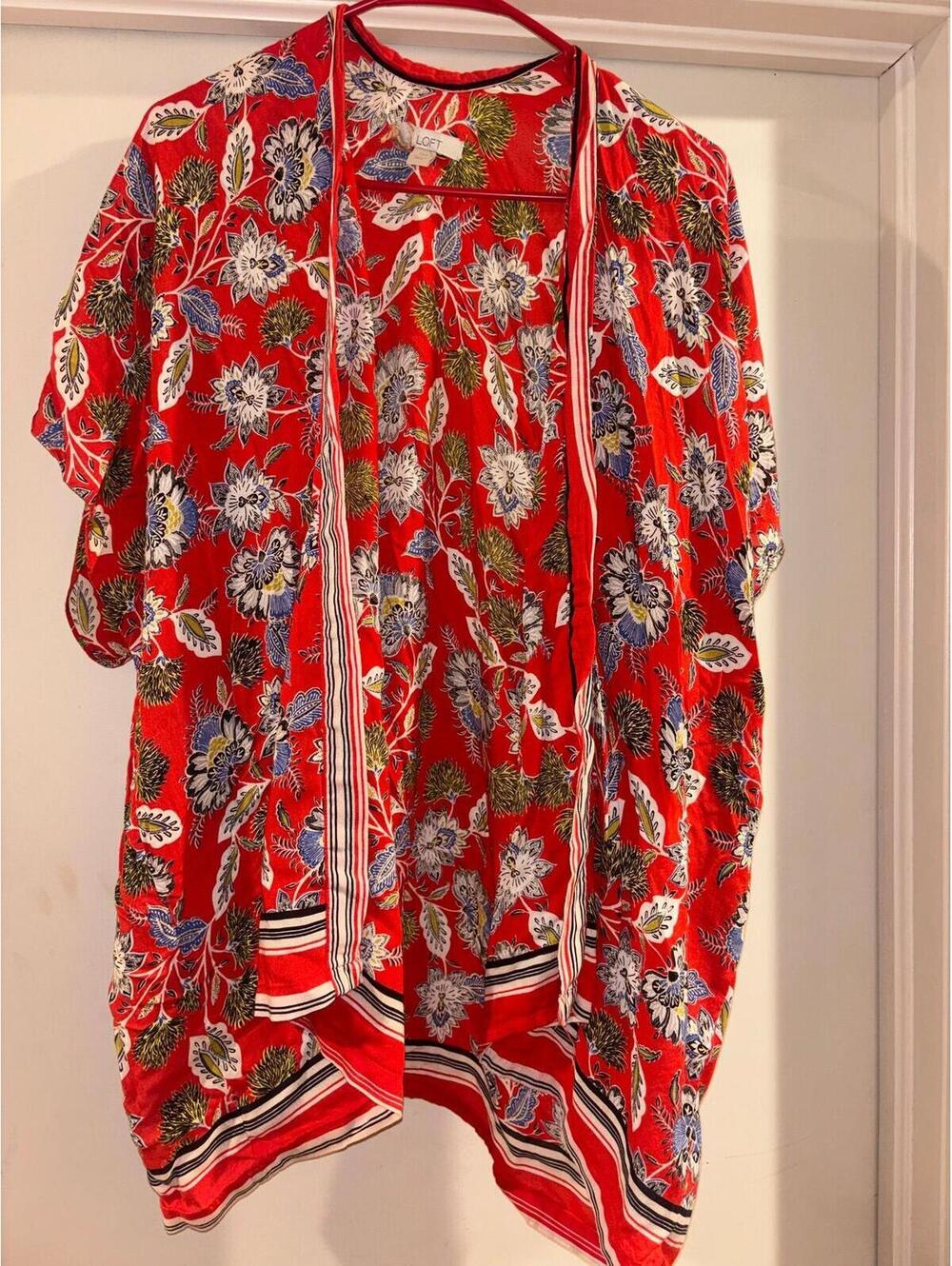 LOFT Floral Kimono Cardigan Red Boho Lightweight XS/S